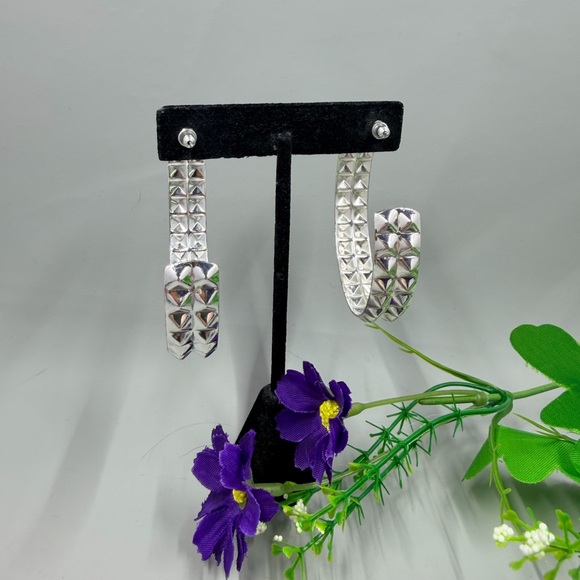 Silver Studded Style Geometric Vintage Large Hoop Earrings - Picture 3 of 4